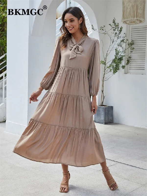 BKMGC Tiered Maxi Dress Champagne Tan Tie Neck Ascot Neckline Long Sleeve Ruffle Elegant Office Lady Autumn Dailywear Dresses Comfortable Cotton Maxi Dress BKMGC Tiered Maxi Dress Champagne Tan Tie Neck Ascot Neckline Long Sleeve Ruffle Elegant Office Lady Autumn Dailywear Dresses Comfortable Cotton Maxi Dress