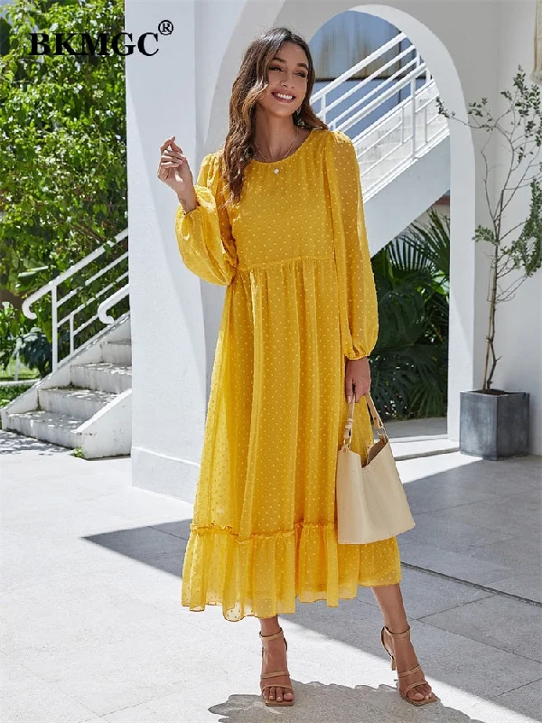 BKMGC Yellow 3D Dots Patchwork O-neck Lace Backline Mesh Chiffon Ruffle Hem Long Sleeve Maxi Dress For Women Summer Autumn Cloth Stylish Boho Maxi Dress