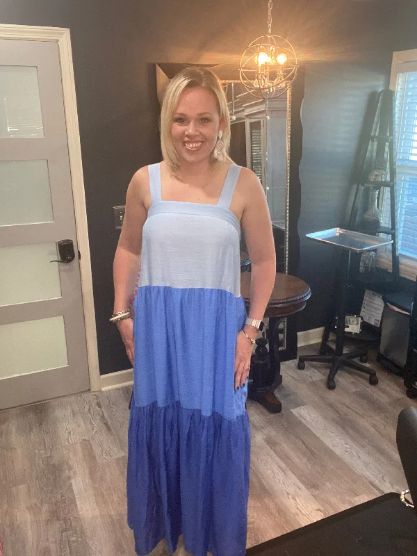 Blue Color Block Maxi Dress Comfortable Ruffle Hem Maxi Dress