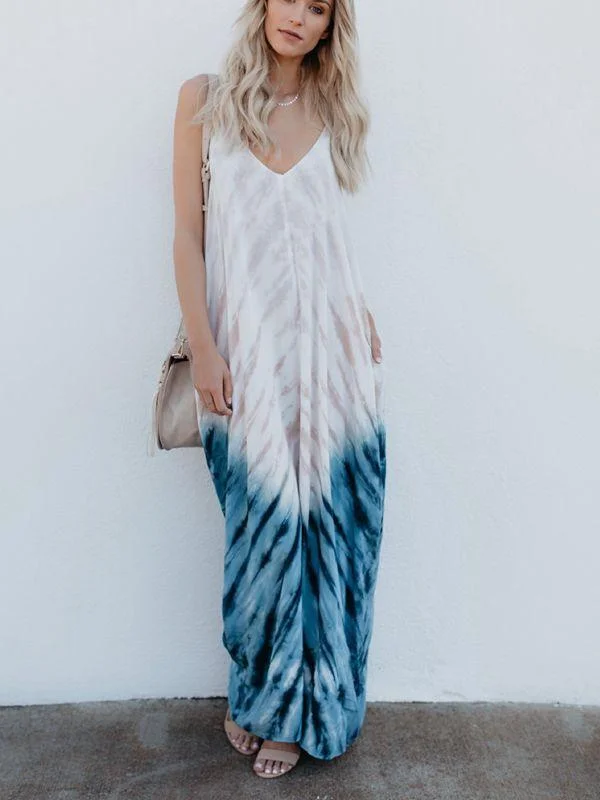 Bohemian Print V-Neck Sling Backless Maxi Dress Casual Maxi Dress with Pockets