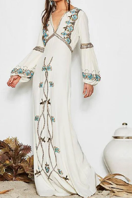 Boho Embroidered Lantern Sleeves Maxi Dress Stylish Pleated A-Line Maxi Dress