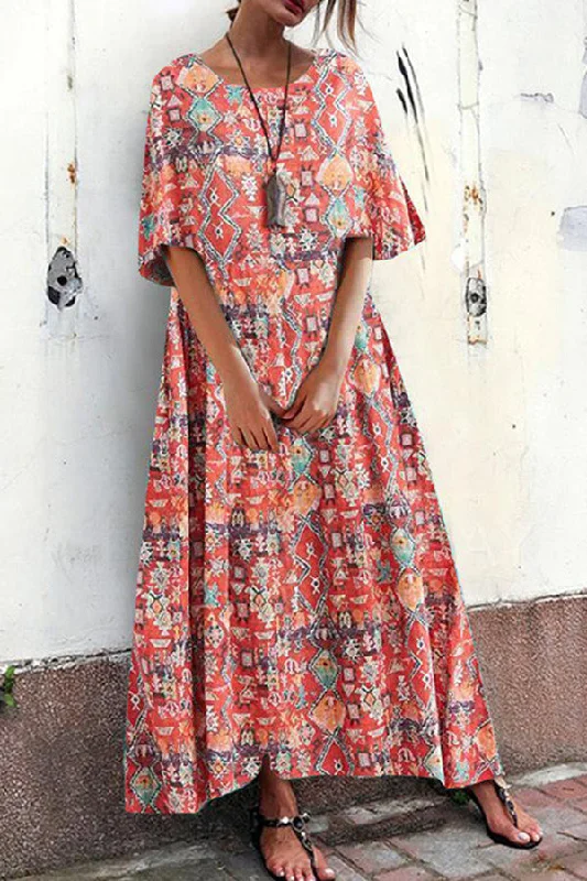 Boho Print Round Neck Maxi Dress Trendy Maxi Dress with Lace