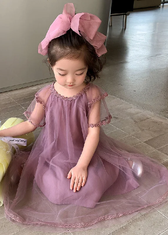 Boho Purple O-Neck Floral Patchwork Tulle Girls Maxi Dress Summer Fashionable Sleeveless Maxi Dress