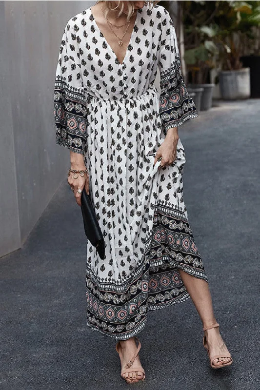 Boho V-neck Buttoned Print Maxi Dress Elegant Silk Maxi Dress
