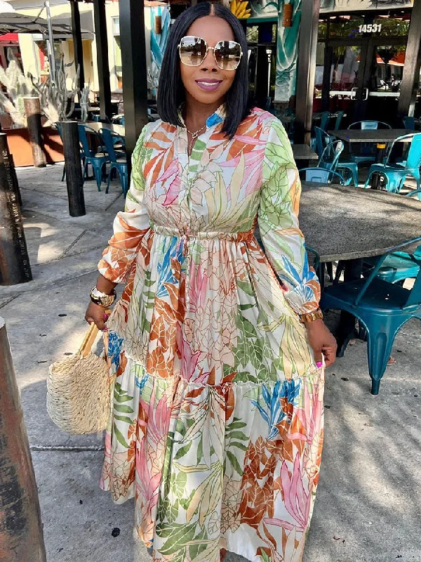 Buttoned Drawstring Long Sleeve Printed Maxi Dress Fashionable Chiffon Tiered Maxi Dress Buttoned Drawstring Long Sleeve Printed Maxi Dress Fashionable Chiffon Tiered Maxi Dress