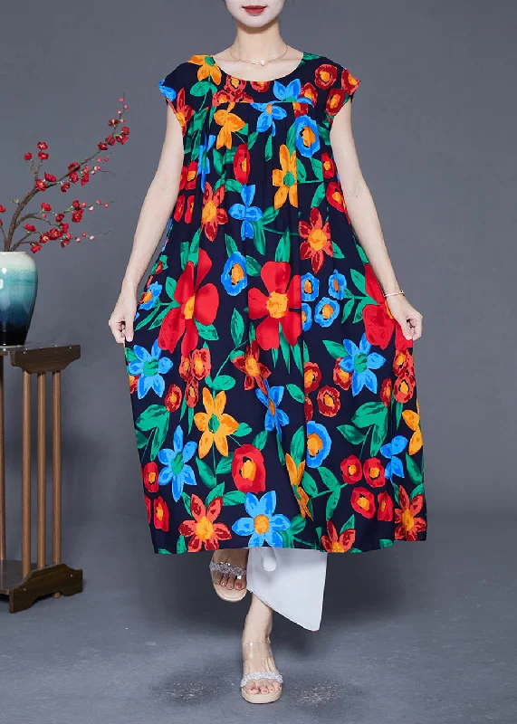 Casual Black O-Neck Print Cotton Maxi Dress Summer Trendy Maxi Dress with Straps