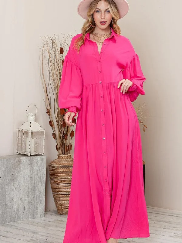 Collared Neck Button-Up Maxi Dress Comfortable Maxi Dress with Slits