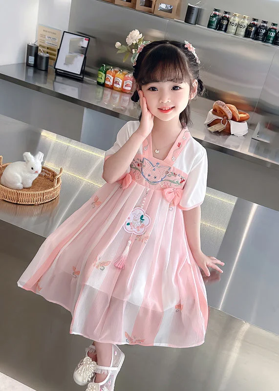Cute Pink Embroideried Patchwork Bow Chiffon Kids Maxi Dress Summer Stylish V-Neck Maxi Dress Cute Pink Embroideried Patchwork Bow Chiffon Kids Maxi Dress Summer Stylish V-Neck Maxi Dress