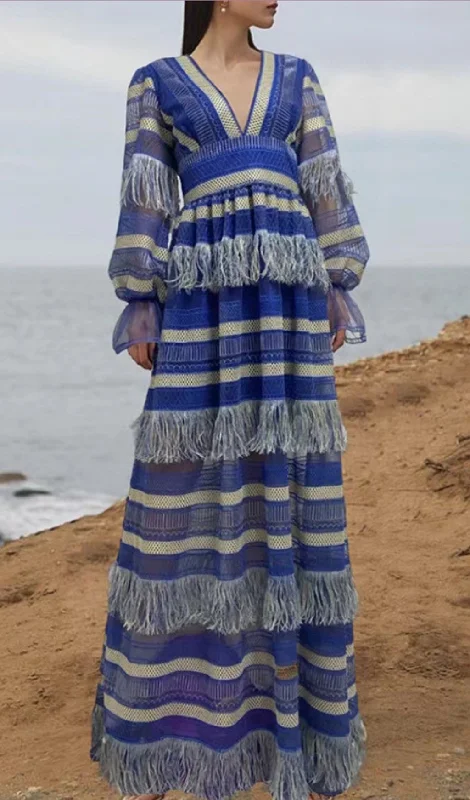 DEEP V TASSEL BLOUSON SLEEVES MAXI DRESS IN BLUE Cozy Wrap Maxi Dress