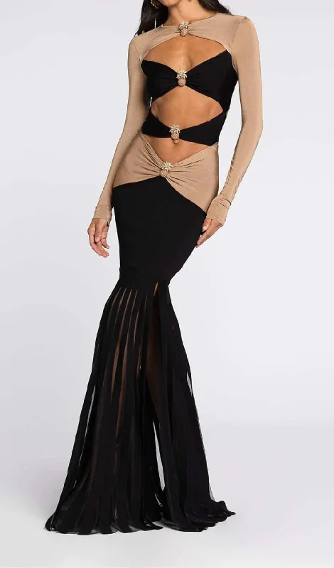 EMBELLISHED CUTOUT MAXI DRESS IN SEMI Fashionable Maxi Dress with Fringe