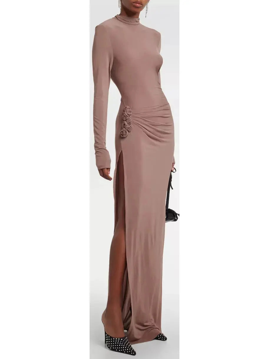 Floral-Appliqué Jersey Maxi Dress Elegant Maxi Dress with Slit