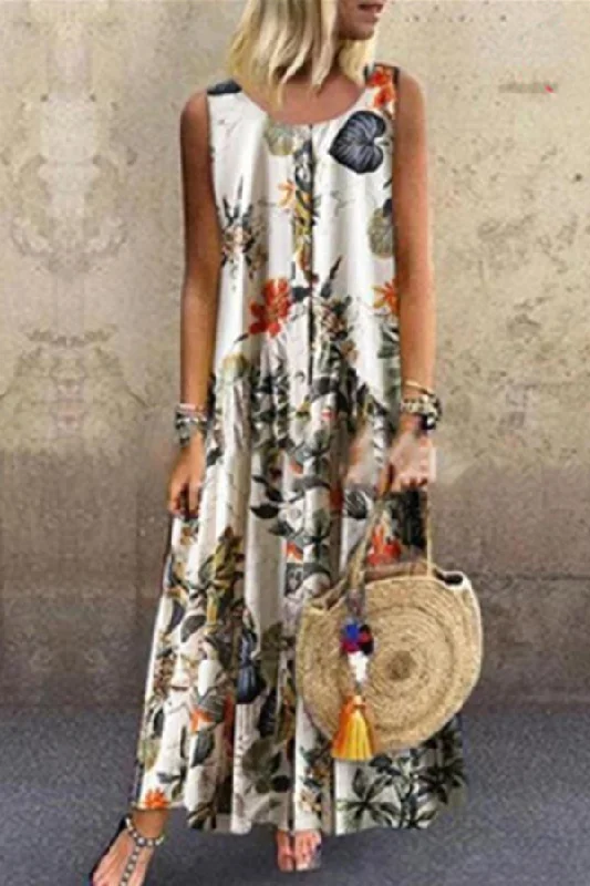 Floral Button Tank Maxi Dress Comfortable Maxi Dress with Belt