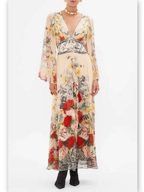 Floral-Print Long Flared Maxi Dress with Plunge V-Neck Elegant Maxi Dress with Slit