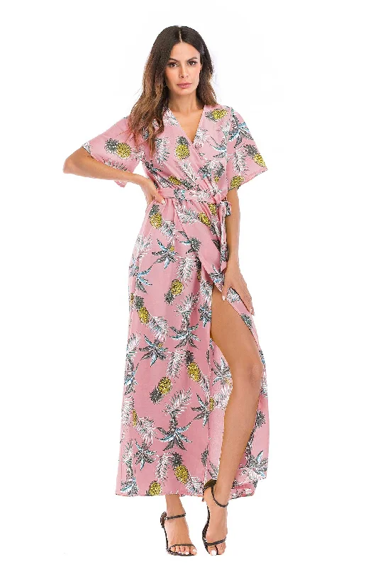 Floral Print V-neck Tie Front Slit Maxi Dress Fashionable Faux Wrap Maxi Dress