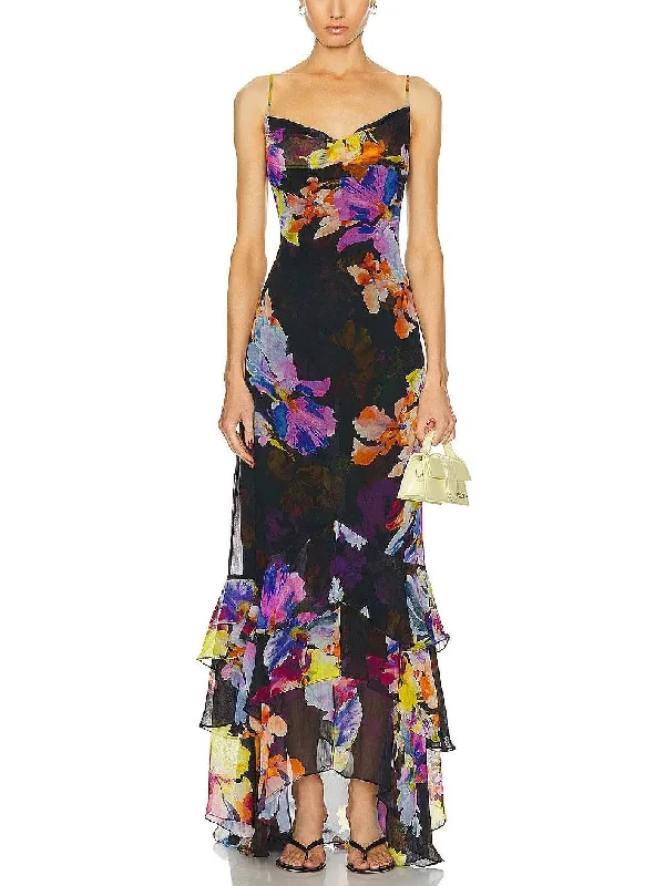 Floral Printed Chiffon Tiered Ruffled Maxi Dress Chic Button-Up Maxi Dress