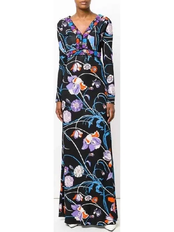 Floral Printed Jersey Silk Maxi Dress Stylish Maxi Dress with Pleats