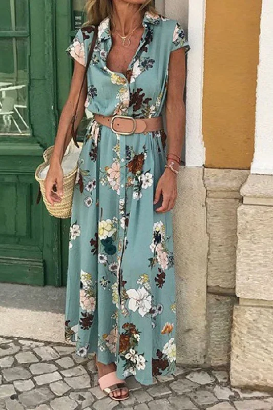Floral Vintage Button Maxi Dress Comfortable Pleated Maxi Dress