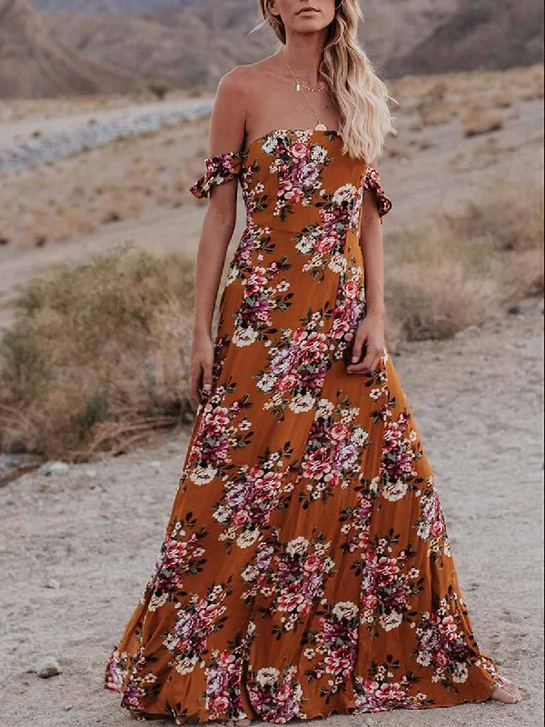Flowers Printed Off Shoulder Party Maxi Dress Chic Button-Up Maxi Dress