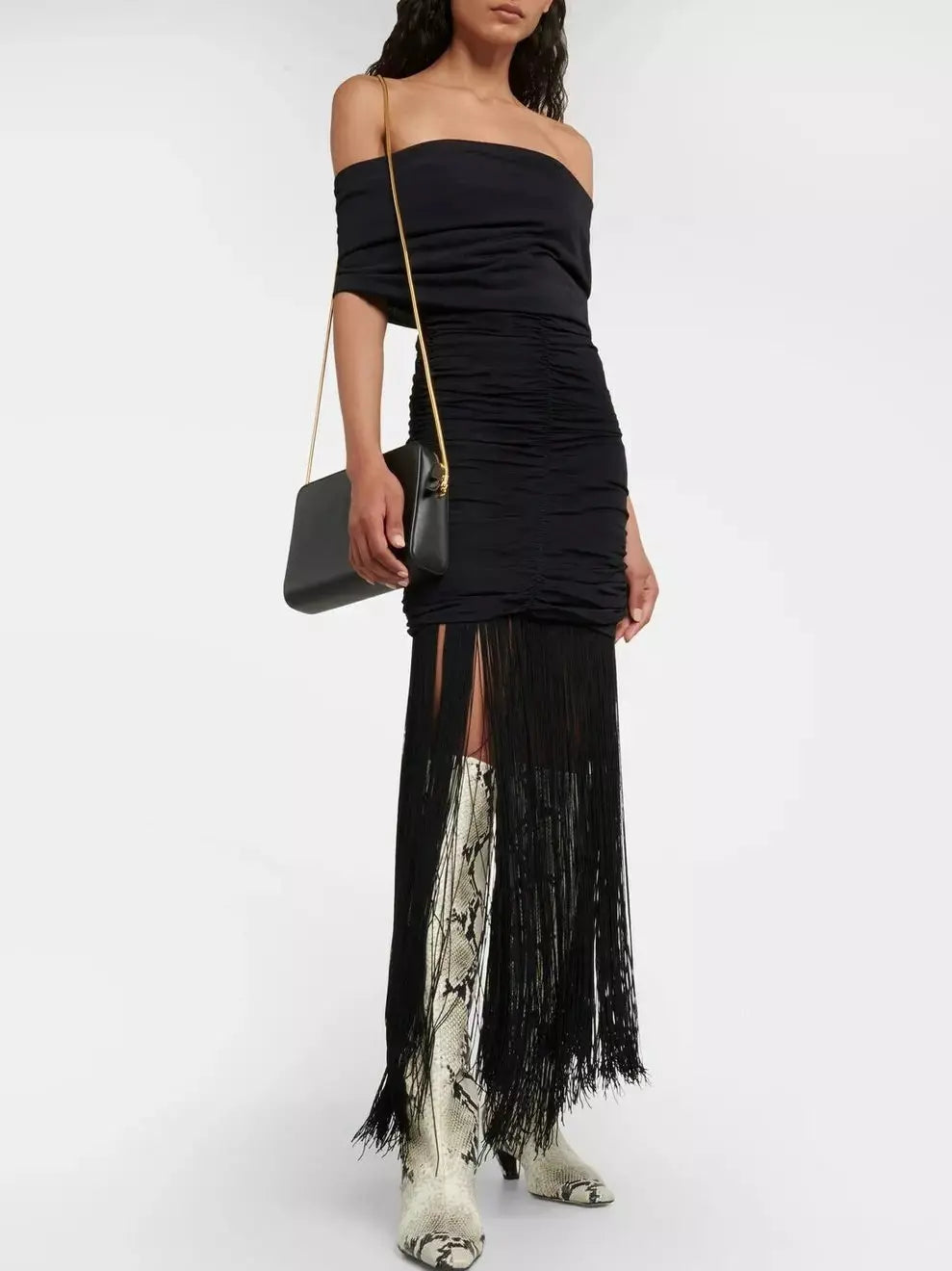 Fringed Black Off Shoulder Ruched Maxi Dress Fashionable Layered Maxi Dress