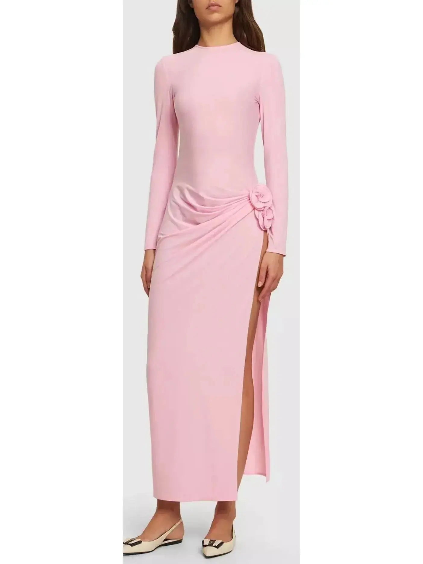 Gathered Long Sleeve Maxi Dress in Pink Trendy Button Front Maxi Dress