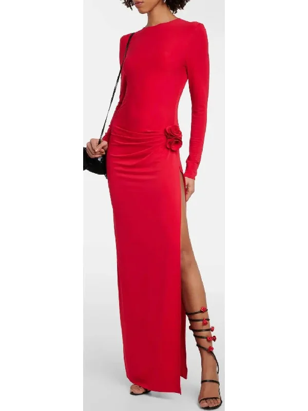 Gathered Long Sleeve Maxi Dress in Red Elegant Boho Maxi Dress