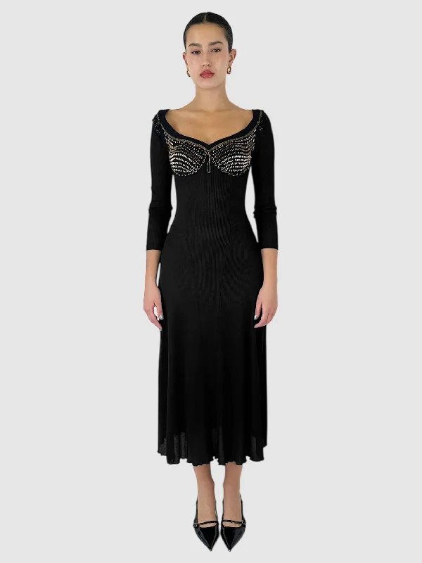 Gold-Tone Beaded Maxi Dress - Size 42 Stylish Long Sleeve Maxi Dress