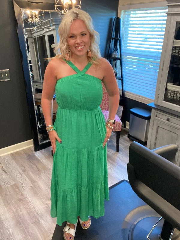 Green woven maxi dress Fashionable Button-Down Maxi Dress