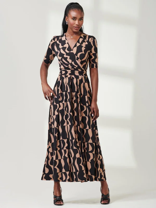 Half Sleeve Jersey Maxi Dress, Brown Pattern Classic Black Maxi Dress