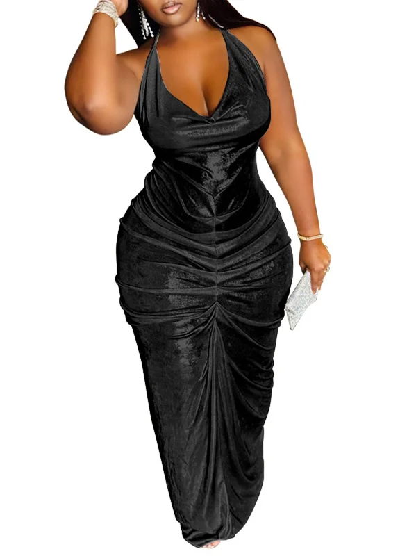 Halter Neck Sleeveless Ruched Maxi Dresses Comfortable Fit-and-Flare Maxi Dress