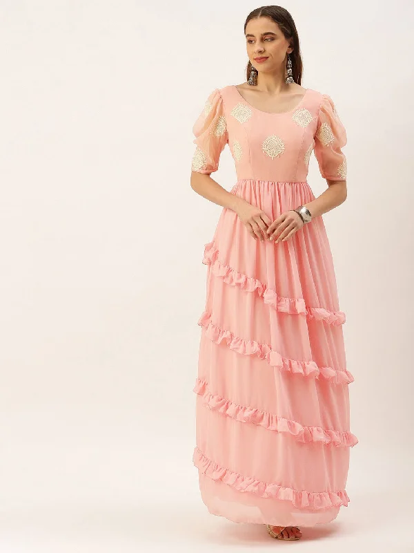 Flamingo Pink Georgette Tiered Maxi Dress Fashionable Open-Back Maxi Dress