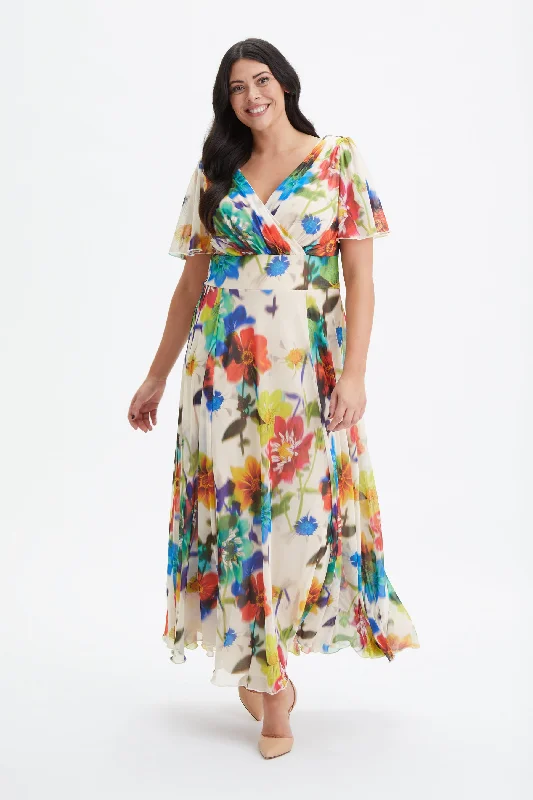 Isabelle Cream Multi Float Sleeve Maxi Dress Casual Maxi Dress with Pockets