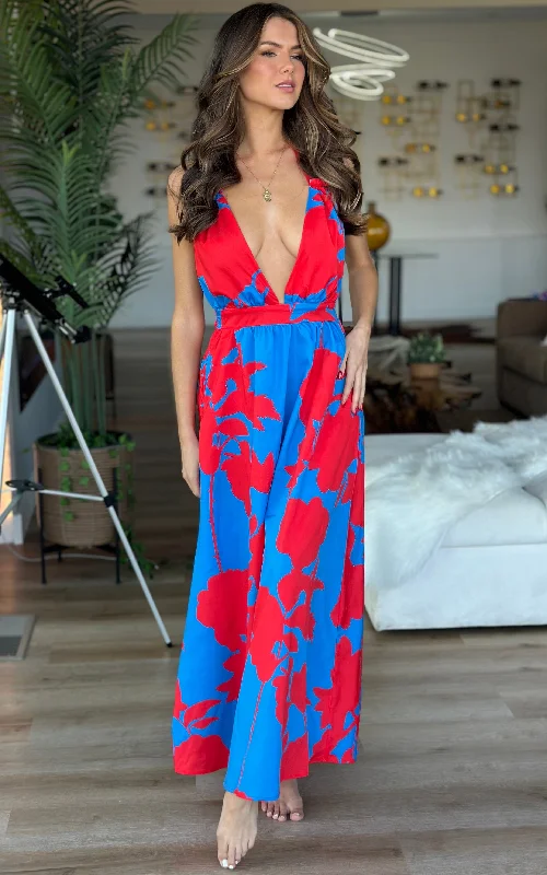 Istanbul: Red and Blue Maxi Dress Elegant Pleated Maxi Dress