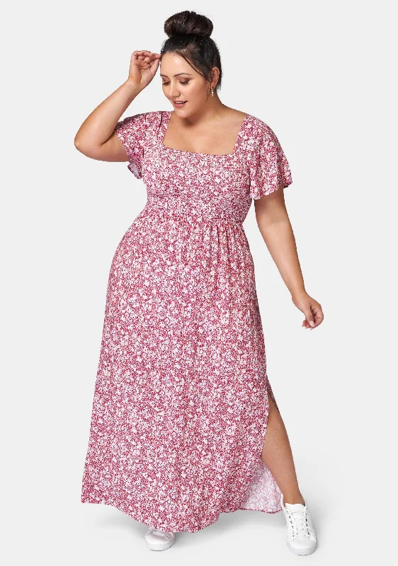 Ivy Shirred Print Maxi Dress Comfortable Maxi Dress with Sleeves
