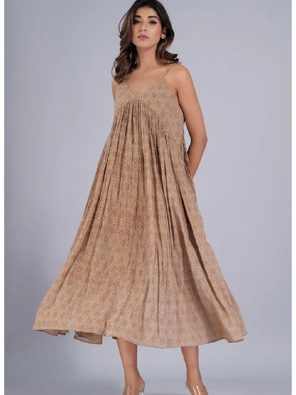 Taupe Abstract Print Strappy Maxi Dress Comfortable Maxi Dress with Belt