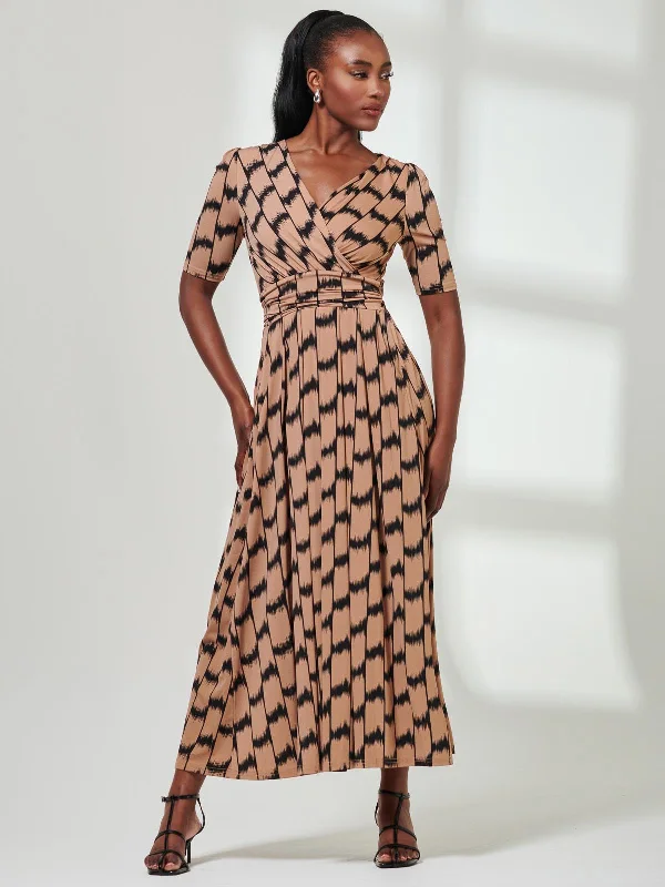 Karmie Jersey Pleated Maxi Dress, Brown Abstract Fashionable Halter Neck Maxi Dress