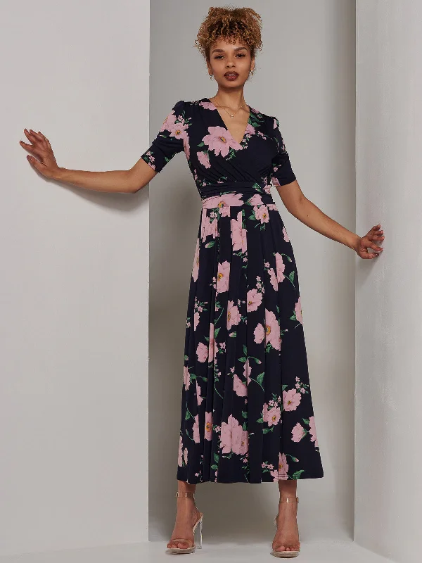 Kenzie Half Sleeve Jersey Maxi Dress, Navy Floral Trendy Button Front Maxi Dress