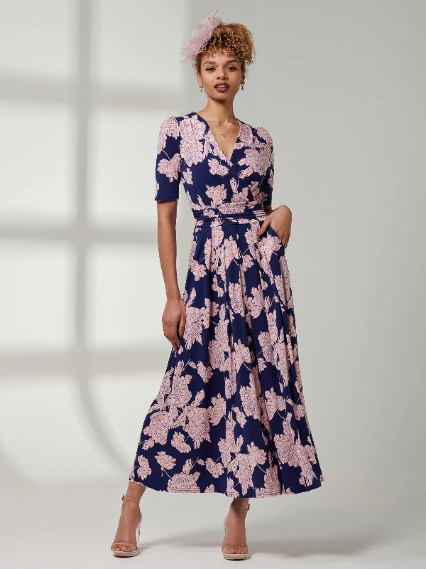 Kenzie Half Sleeve Jersey Maxi Dress, Floral Abstract Elegant Tiered Maxi Dress