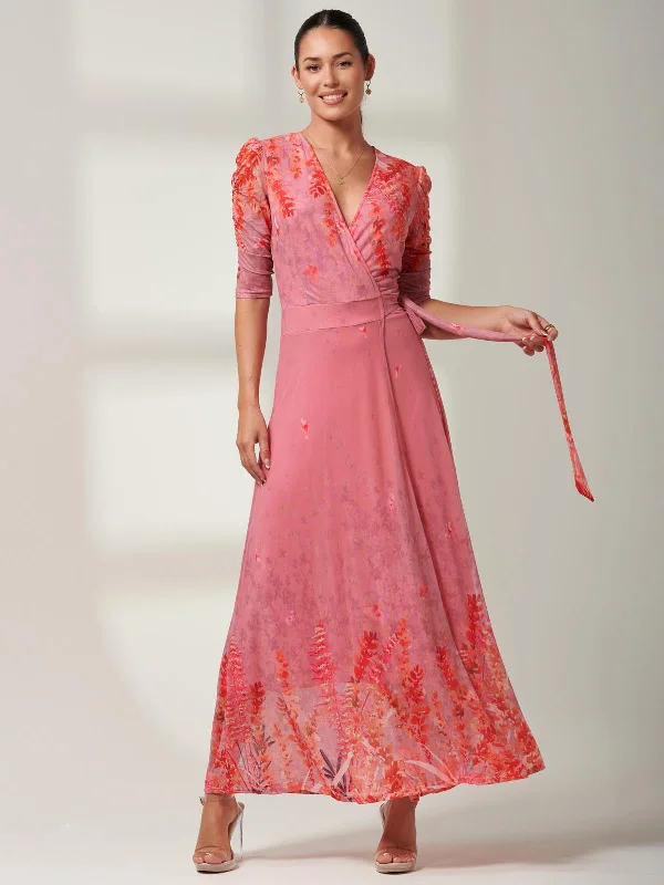 Kinley Print Wrap Mesh Maxi Dress, Pink Multi Elegant Maxi Dress with Ruffles
