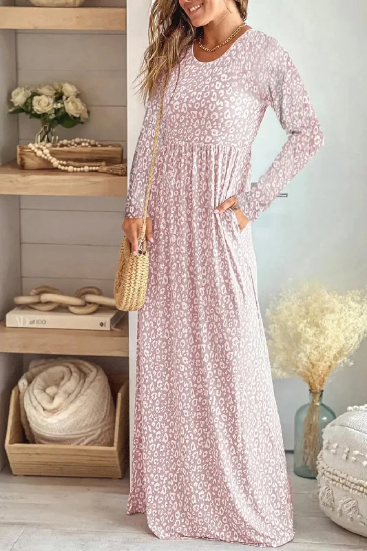 Leopard Round Neck Long Sleeve Maxi Dress Fashionable High-Waist Maxi Dress