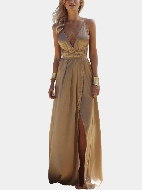 Light Brown Open Back Sleeveless Splited Hem Maxi Dress Fashionable Open-Back Maxi Dress Light Brown Open Back Sleeveless Splited Hem Maxi Dress Fashionable Open-Back Maxi Dress
