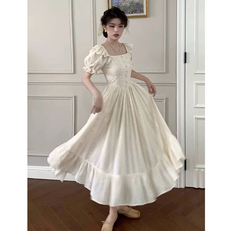 Lizakosht Elegant Square Collar White Dress Summer Fashion Puff Sleeve Ruffle Dress for Women Chic Vintage Maxi Dresses New Cozy Cold-Shoulder Maxi Dress