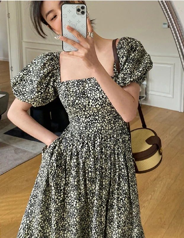 Lizakosht Korean Fashion Floral Maxi Dresses Puff Sleeve Sexy Low Cut Beach Long Dresses Elegant Casual Ladies Women Dresses Summer Comfortable Maxi Dress with Slits
