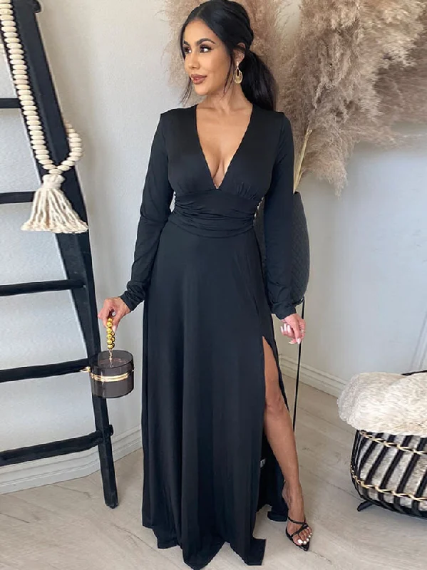 Long Sleeve Ruched Slit Maxi Dress Stylish Long Sleeve Maxi Dress