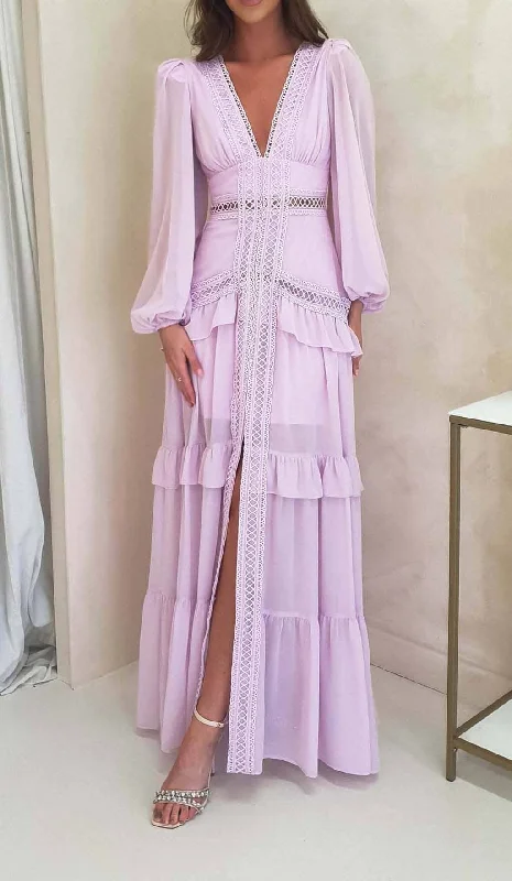 LONG SLEEVE RUFFLE MAXI DRESS IN LILAC Comfortable Fit-and-Flare Maxi Dress