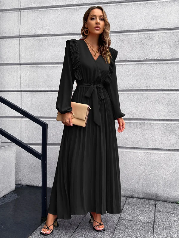 Long Sleeve Ruffle Pleated Maxi Dresses Comfortable Bohemian Maxi Dress