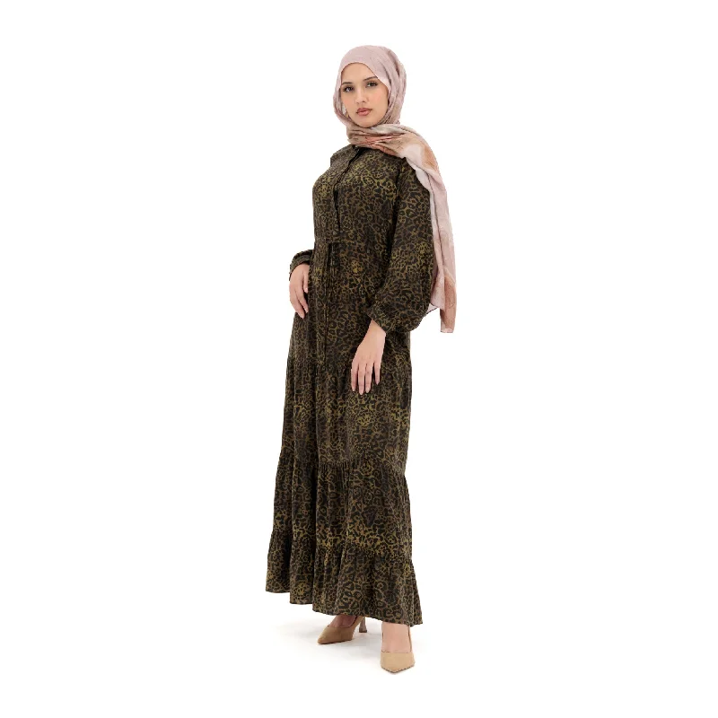 Rayon Maxi Dress - Leopard Design Trendy Ruffled Maxi Dress