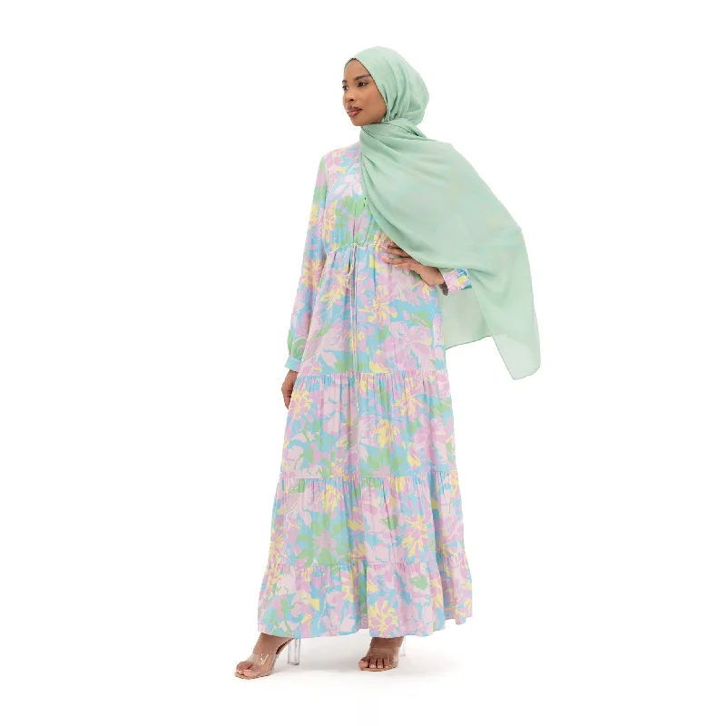 Rayon Maxi Dress - Pastel Floral Design Trendy Floral Print Maxi Dress