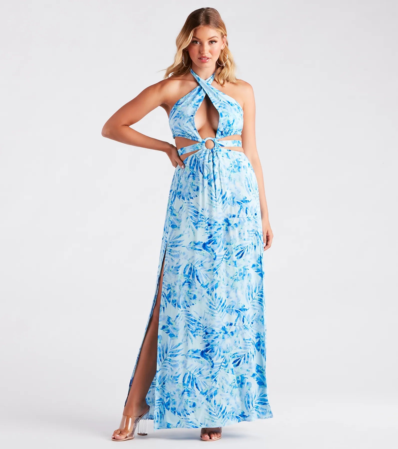 Miami Mood Tropical Print Cutout Maxi Dress Fashionable Off-Shoulder Maxi Dress