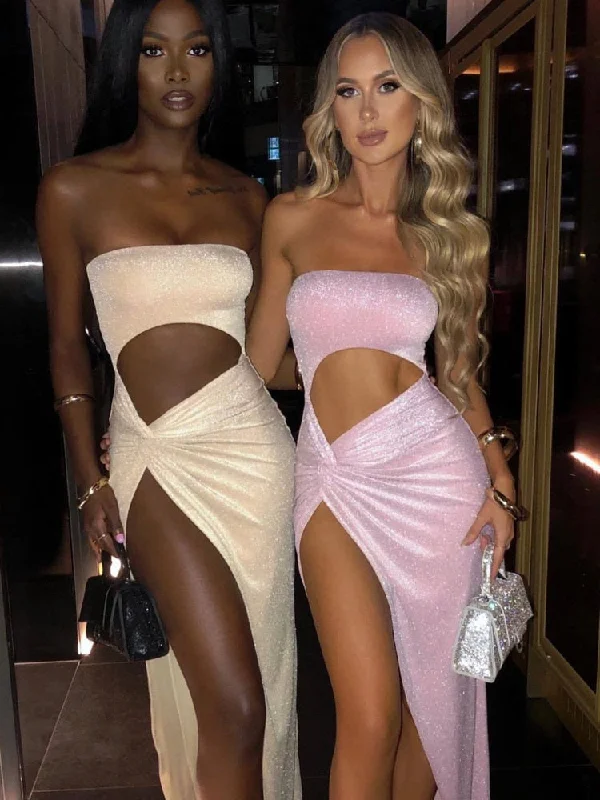 Mozision Sexy Hollow Out Strapless High Split Maxi Dress Women Gown Summer Sleeveless Backless Club Party Long Dress Vestido Fashionable Off-Shoulder Maxi Dress