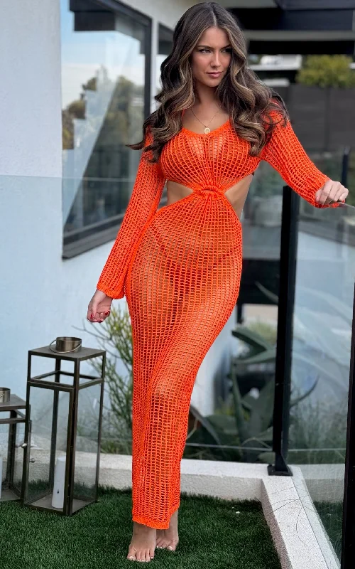 NADIA: Crochet Maxi Dress Cover-up in Orange Fashionable Chiffon Maxi Dress